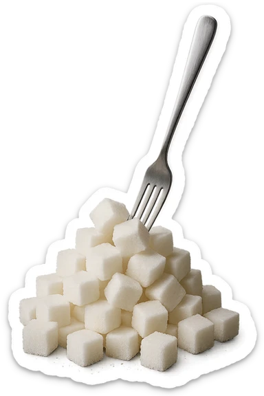 monagna di zollette di zucchero con una forchetta appizzata sopra, iperrealistico 4k sticker