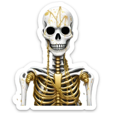 White skeleton zombie person covered in golden chains and black graffiti scribbles and red and silver doodles snowing snowflakes sticker