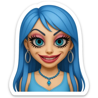 Make the character look creepy while keeping the gyaru style, blue hair, pretty makeup, and bratz baddie vibe. The style should resemble emoji style with no background. sticker