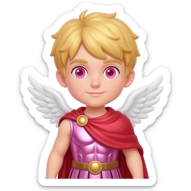 Cupid from Roman Mythology with rose-pink eyes, blonde hair, pink metallic tunic, red metallic cloak sticker