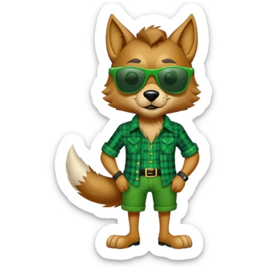 full-body friendly anthropomorphised wolf in green plaid shirt and green attire for St. Patrick's Day, wearing dark sunglasses, festive pose sticker