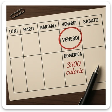 Hyperrealistic top-down view of a weekly calendar in Italian, showing days from Monday to Sunday. Friday is circled in red. Below both Saturday and Sunday, the text '3500 calorie' is in red italic. The scene has 4K details and a desk atmosphere. sticker