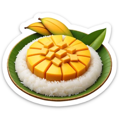 cinematic-realistic-mango-sticky-rice-dessert-emoji,-showcasing-sweet-sticky-rice out of a mould-paired-with-ripe-mango-slices-and-coconut-milk-rendered-with-lifelike-detail-and-warm,-inviting-lighting with the coconut  milk over the rice sticker