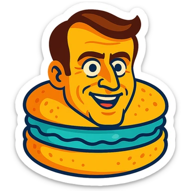 Emmanuel Macron transformed into a macaron with an expressive face, vibrant colors sticker