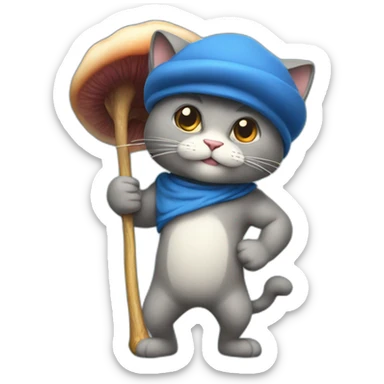 Strong muscles Blue cat NO ears  wearing a mushroom cap carrying a stick in one arm standing on two legs with pants sticker