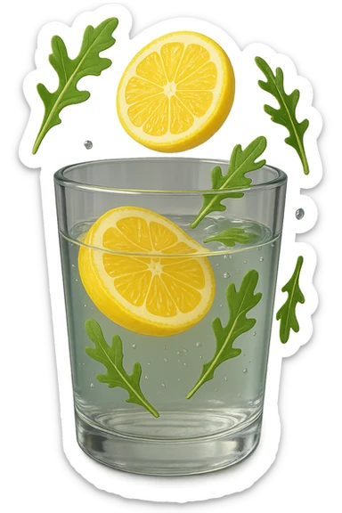 emoji stile iphone 3d di un bicchiere di acqua con limone e qualche foglia di rucola che fluttua intorno in aria, iperrealistico 4k sticker