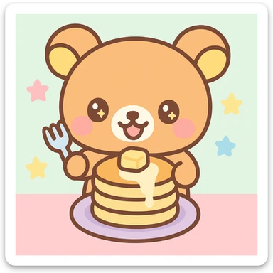 rillakuma, cute bear character, eating pancakes, kawaii style sticker