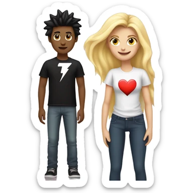 An emoji of a young girl with long blonde hair standing next to her boyfriend, who has black hair styled with the front spiked up. A heart symbol is between them, and the boy's T-shirt features a lightning bolt. sticker