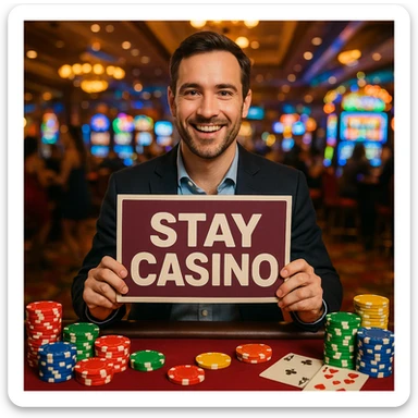 A man in a casino, holding a 'Stay Casino' sign, colorful chips and cards around, lively environment. sticker