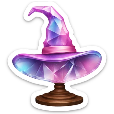 crystal sculpture witch hat with whimsical design. The hat is standing upright on a wooden stand with angular and baroque features. The vibrant midtone tints of pastels and pink highlights the sharp edges and planes.  sticker