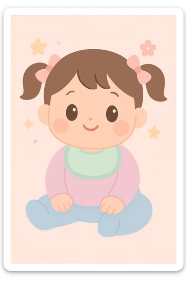 a bay girl with two ponytails and pink ribbons sticker