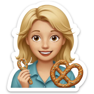 Woman with Dirty blond hair, fair skin with freckles,  holding pretzels and winking one eye sticker