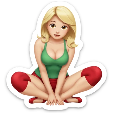 buxom blonde woman, front view, bending over, sitting on soles, playful pose, SFW, no nudity, apple emoji style sticker