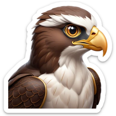 Cinematic Noble Falcon Portrait Emoji, Poised and majestic, with a streamlined, muscular build, a sharply hooked beak, and intense, piercing eyes that exude focus and speed, Simplified yet sharp and sophisticated features, highly detailed, glowing with a soft, amber radiance, high shine, intelligent and commanding, stylized with an air of aerial authority, focused and swift, soft glowing outline, capturing the essence of a watchful and confident falcon that appears ready to soar out of the screen with effortless power! sticker