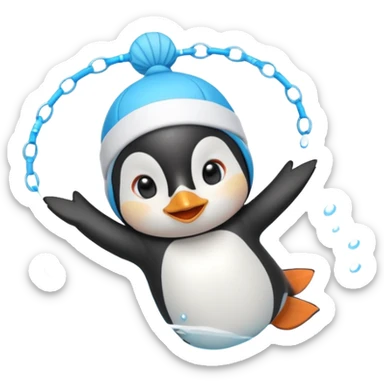A cheerful penguin swimmer in swim cap, doing a playful backstroke with water rings popping around full body chibi cute
 sticker