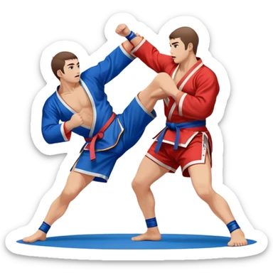 Two Sambo fighters in blue and red kimonos, with shorts and wrestling shoes, performing grappling and throwing techniques. The background shows a wrestling mat and an intense, focused atmosphere. Transparent background highlights the fluidity and skill of the sport without strikes. sticker