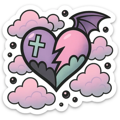Remove the background, keep the pastel goth heart with pastel clouds and black pearls, transparent background. sticker