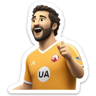 Arda Güler celebrating a goal: his right hand firmly placed on his chest while his left hand is raised and pointing towards the sky, capturing a moment of youthful exuberance, gratitude, and joy sticker