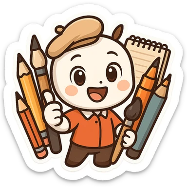 cheerful genderless mascot with big expressive eyes surrounded by art supplies embodying creativity professionalism playful sticker