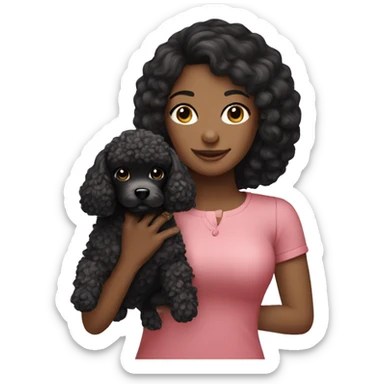 a black haired Women holding a tiny play poodle sticker