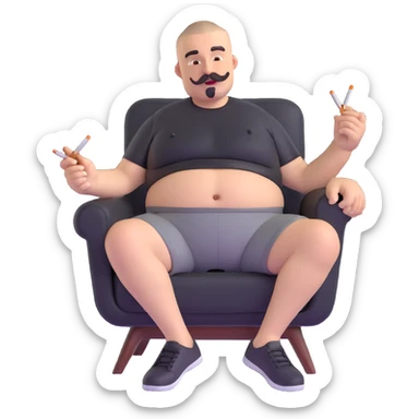 Big man relaxing in chair, legs spread wide, holding cigarette, round face, buzzcut, short beard and mustache, black t-shirt with light stripes at top, exposed belly, black shorts, arms covered in tattoos sticker
