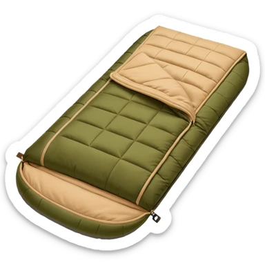 sleeping bag in blue/yellow to olive & tan (#7D7A52 / #E1C699). sticker