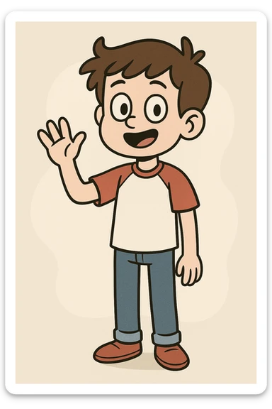 A boy brown hair black eyes red white shirt blueblue jeans a hand hello  sticker