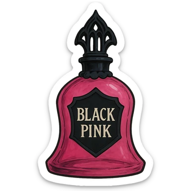 BLACKPINK-inspired gothic perfume bottle, no hearts, dreamy and bold, black and pink sticker
