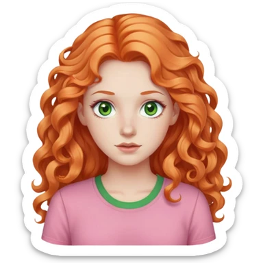 white pale girl with long curly orange hair, green eyes, pink shirt sticker