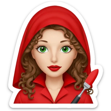 Lilith symbol sexy evil woman. She has green eyes.  had brown long curly hair.  evil surgeon kills with scalpel wears red sexy doctor coat with red mouth cover red gloves. Covers nose, neck  and mouth with Muslim red berka sticker