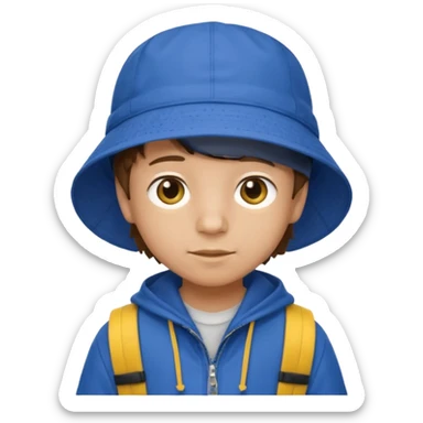 Little student, brown hair boy, wears blue bucket hat and jacket, yellow backpack, shy sticker