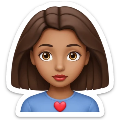 brown-skinned girl with slightly wavy hair, straight nose, heart-shaped lips, round eyes and face, soft eyebrows, long lashes, neutral expression, shown from the waist up sticker