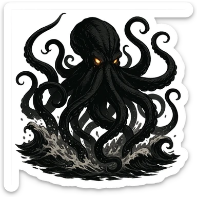 black fierce kraken, glowing eyes, dynamic pose, stylized as a dramatic sea monster, dynamic and detailed illustration sticker