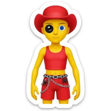 Make a yellow character with a black spider eye and a normal eye and a red top and shorts and a grey spider chain and a red hat sticker