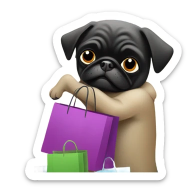 Black pug with many shopping bags sticker