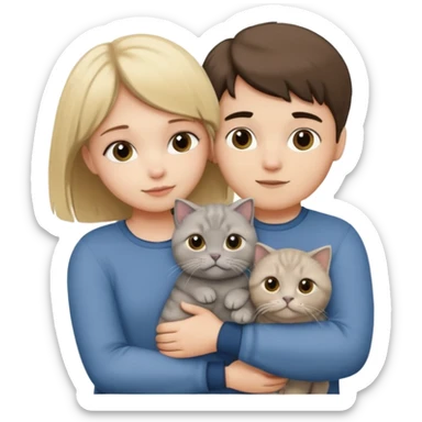 Blonde girl and brunette boy hugging a grey scottish fold cat sticker