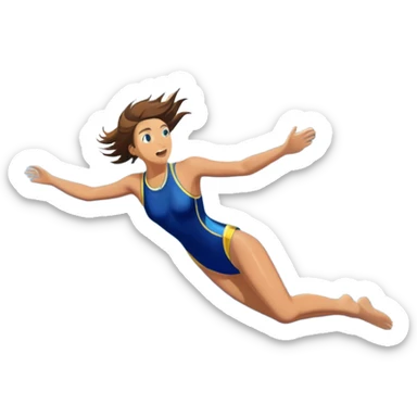 A diver mid-air, plunging from a high cliff into the sparkling ocean below. The background features rugged cliffs, clear blue water, and a bright sky, emphasizing the excitement and danger of the sport with a sense of freedom and adventure. sticker