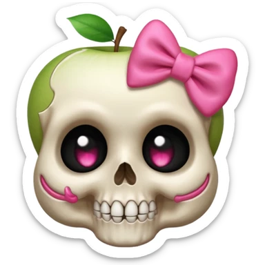 a shy skull with a pink bow, blushing cheeks, shy expression, apple style emoji sticker