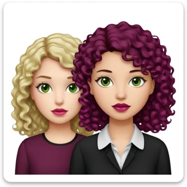 Una chica con el cabello ligeramente ondulado, rubio no tan oscuro, labios en un tono rosa, ojos café y una blusa blanca. Al lado otra chica con el cabello negro rizado, ojos verdes, labios color vino tinto y una blusa negra sticker