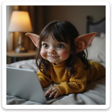 photorealistic gremlin girl with dark brown hair, pretending to work from bed, playful expression, laptop nearby, cozy bedroom sticker