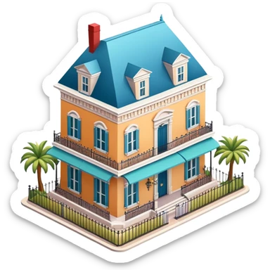 French Quarter mansion, isometric dollhouse-style, realistic sticker