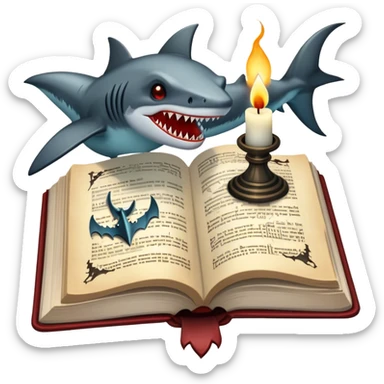 Icon for Horror & Mystery Reading: an open book with eerie glowing symbols, from which rise Dracula with fangs, flying bats, a zombie hand, and a lurking shark with sharp teeth. Surrounding elements include a flickering candle and an old key. Transparent background. sticker