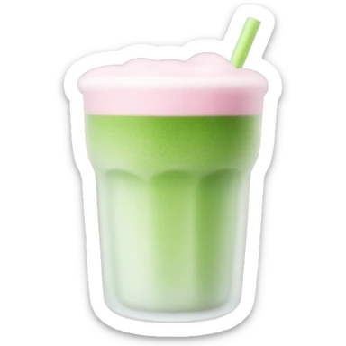 Clear long cup, no handle, with light pink drink, matcha foam sticker