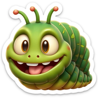 Cinematic Cheeky Caterpillar Portrait Emoji, Head tilted dramatically with an exaggeratedly surprised expression, featuring a tiny, wiggly body with wide, comically expressive eyes full of playful wonder and animated, curving segments, Simplified yet hilariously expressive features, highly detailed, glowing with a slightly sassy natural glow, high shine, dramatic yet playful, stylized with an air of cheeky woodland mischief, soft glowing outline, capturing the essence of a meme-worthy caterpillar that looks ready to wiggle its way into viral fame! sticker