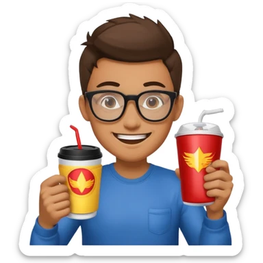 Gamer with big glasses and energy drink coffee sticker