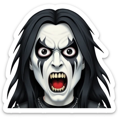 Black metal musician with corpse paint, long hair, screaming sticker