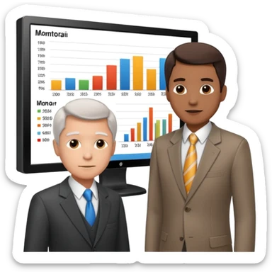 teaching somebody else in person, in the same place, watching the same monitor together, the trainee and trainer are in the similar age, two both are men, the monitor should be showing some data graphs sticker