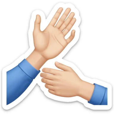 Close-up of a handshake gesture, both hands wearing blue shirt sleeves sticker