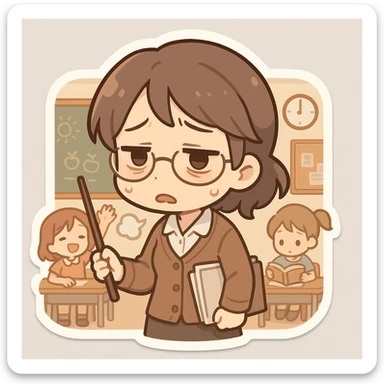 exhausted teacher in a bustling classroom sticker