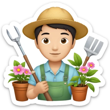 Asian gardener named Yong with gardening tools sticker
